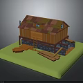 Colorful Roof Wooden House With Orange Walls Ladder Stone Base And Green Grass