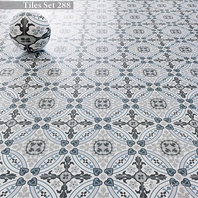 Vintage Blue And Gray Patterned Floor Tiles With Classic Geometric Floral Design 3d model 