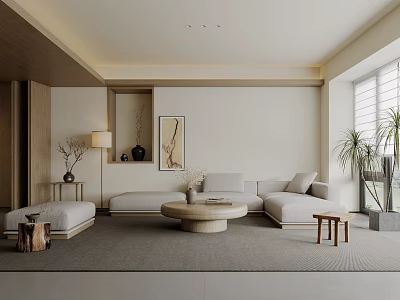 Modern Minimalist Living Room Interior With Beige Sofa Round Coffee Table And Potted Plant 3d model
