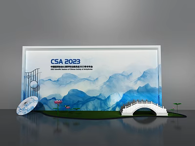 CSA 2023 Themed Display With Blue Landscape Bridge Lotus And Decorative Elements 3d model