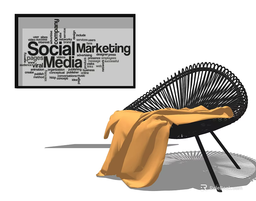 Stylish Black Woven Leisure Chair With Soft Yellow Blanket And Modern Design 3d model 