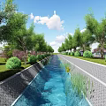 Serene Garden Landscape With Central Water Channel Neat Trees Trimmed Hedges And Railings