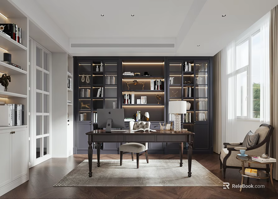 Modern Study Room With Built In Bookshelves And Large Window 3d model