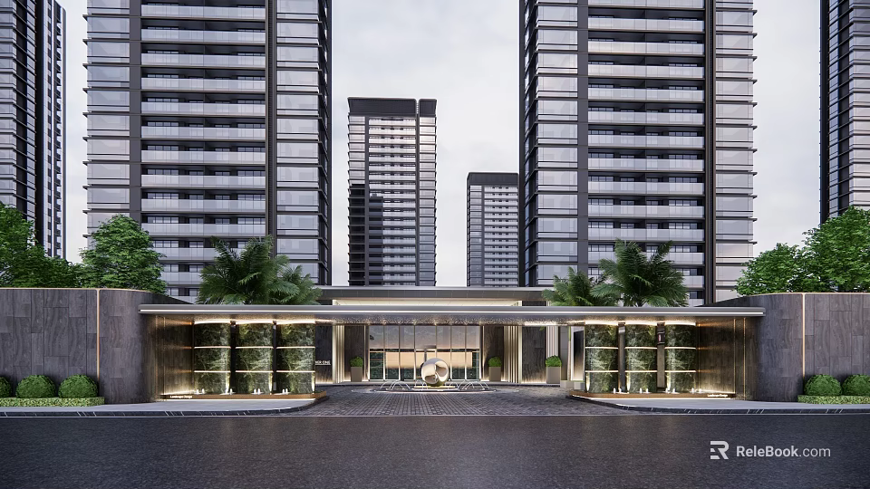 Modern Entrance Gate with High Rise Buildings Palm Trees Lighting and Paved Ground 3d model 