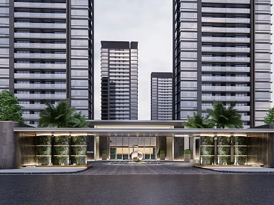 Modern Entrance Gate with High Rise Buildings Palm Trees Lighting and Paved Ground 3d model