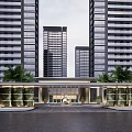 Modern Entrance Gate with High Rise Buildings Palm Trees Lighting and Paved Ground