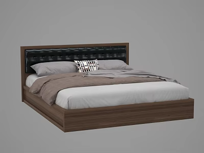 Upholstered Double Bed With Dark Headboard Wooden Frame And Gray White Bedding 3d model