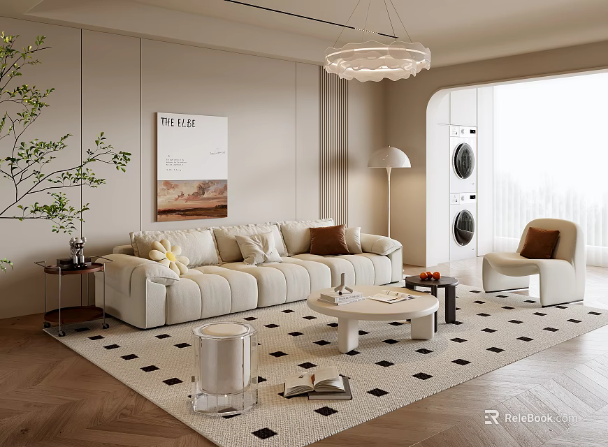 Modern Cozy Cream Tone Living Room Interior Design With Soft Sofa And Elegant Home Decor 3d model 