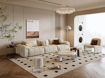 Modern Cozy Cream Tone Living Room Interior Design With Soft Sofa And Elegant Home Decor 3d model