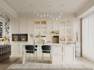 Elegant Modern Restaurant Interior Design With White Cabinets Marble Countertops And Green Chairs 3d model