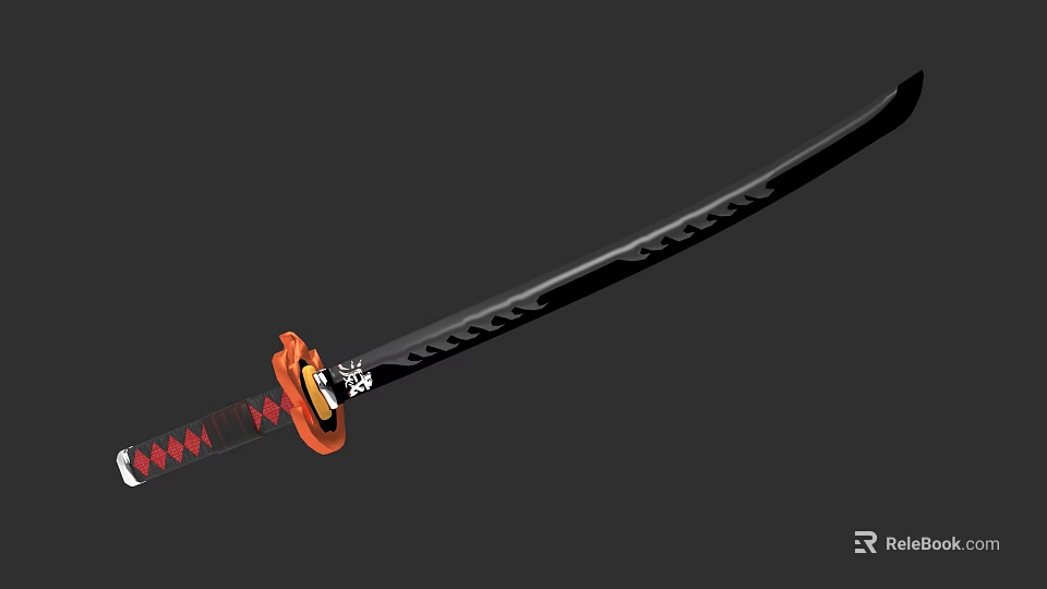 Traditional Japanese Katana Weapon Featuring Orange Handle And Red Black Decorative Scabbard 3d model 