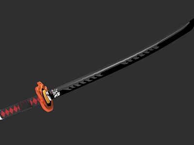 Traditional Japanese Katana Weapon Featuring Orange Handle And Red Black Decorative Scabbard 3d model