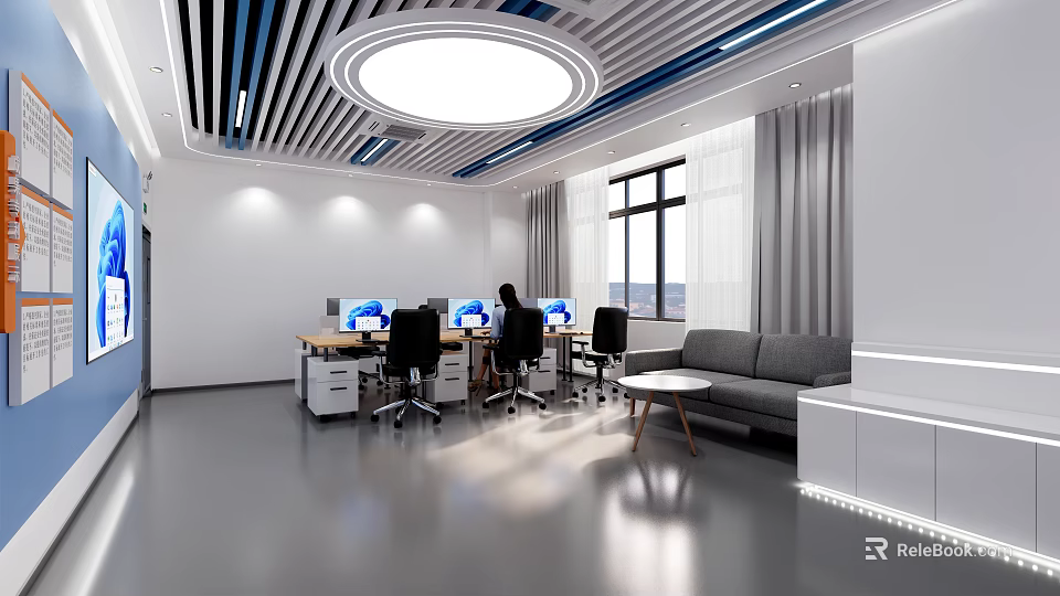 Modern School Office Space With Desks Computers Windows Circular Lights Blue Stripes And Sofa 3d model 