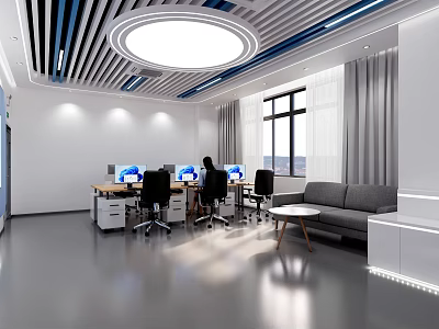 Modern School Office Space With Desks Computers Windows Circular Lights Blue Stripes And Sofa 3d model