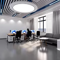 Modern School Office Space With Desks Computers Windows Circular Lights Blue Stripes And Sofa 3d model