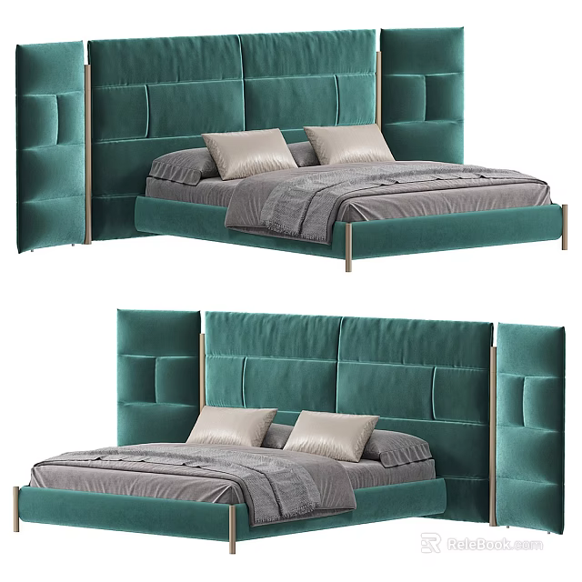 Modern Green Double Bed With Upholstered Headboard Gray Sheets And Pillows 3d model
