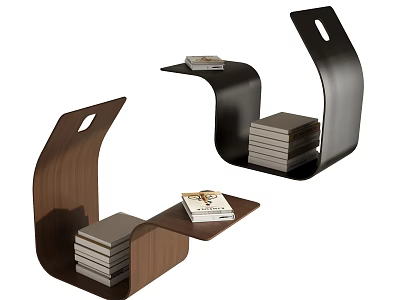 Modern Curved Bookcase Design With Wooden And Metal Frames Holding Stacked Books 3d model