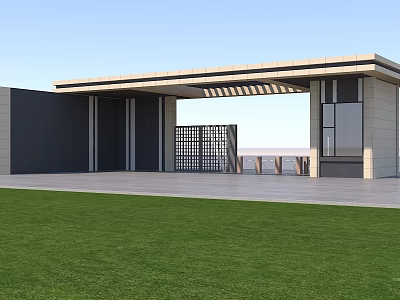 Modern Entrance Gate With Canopy Gray White Walls Grille And Green Lawn 3d model