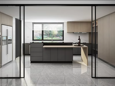 Modern Open Kitchen Interior With Island Countertop Cabinets Refrigerator Glass Doors And Window 3d model