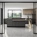 Modern Open Kitchen Interior With Island Countertop Cabinets Refrigerator Glass Doors And Window