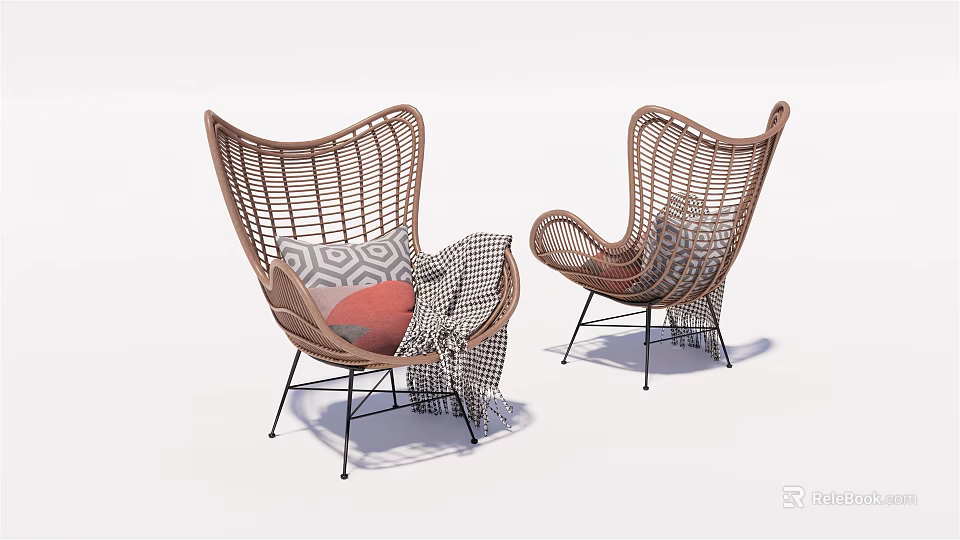 Stylish Rattan Leisure Chair With Black Metal Legs And Decorative Pillows Blanket 3d model 