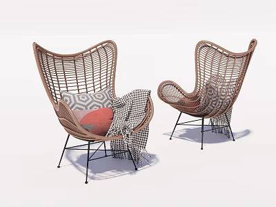 Stylish Rattan Leisure Chair With Black Metal Legs And Decorative Pillows Blanket 3d model