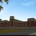 Large School Building With Red Brick Facade White Accents Towers Arched Windows And Green Lawn Area