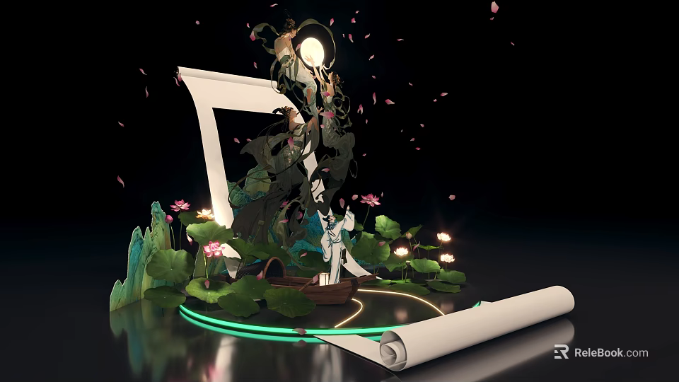 Enchanting Photo Spot With Scroll Lotus Flowers Green Plants Illuminated Moon And Decorative Figure 3d model 