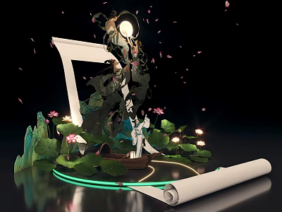 Enchanting Photo Spot With Scroll Lotus Flowers Green Plants Illuminated Moon And Decorative Figure 3d model