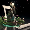 Enchanting Photo Spot With Scroll Lotus Flowers Green Plants Illuminated Moon And Decorative Figure