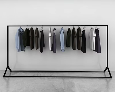 Various Colored Clothes Hanging On Black Metal Clothing Rack With Minimalist Background 3d model
