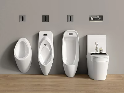 Modern White Urinals Bathroom Interior With Sleek Wall Mounted Design Grey Wall And Wooden Floor 3d model