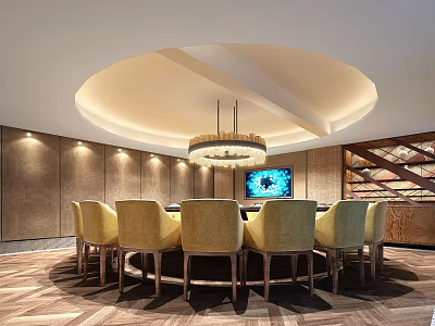 Modern Restaurant Interior Design With Round Dining Table Yellow Chairs Chandelier And Circular Ceiling 3d model