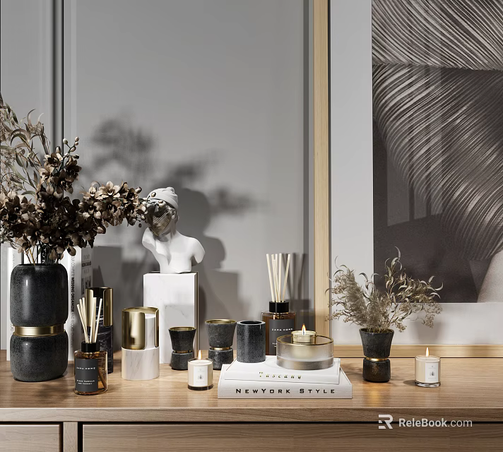 Elegant Decorative Ornament Set With Vase Statue Diffuser Candle Dried Flowers And Book 3d model 