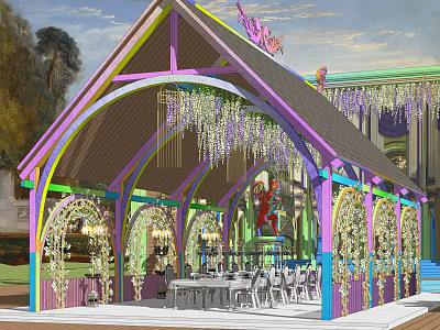 Colorful Pergola with Hanging Wisteria Vines and Outdoor Dining Table Chairs 3d model