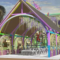 Colorful Pergola with Hanging Wisteria Vines and Outdoor Dining Table Chairs