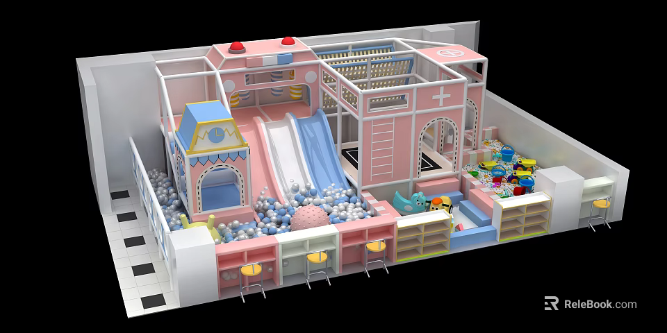 House Shaped Indoor Playground Equipment With Slide Ball Pit Piano Key Floor And Storage Cabinets 3d model 