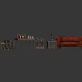 Rustic Furniture Display With Red Sofa Wooden Bench Table Crates And Bottles