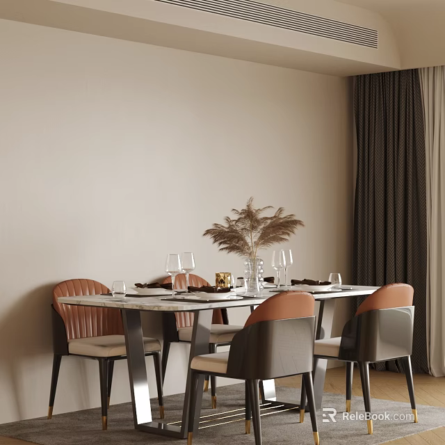 Modern Dining Table And Chairs With Orange Backrest Beige Seats Wine Glasses Tableware Decorative Plant In Room 3d model 
