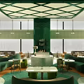 Modern Hotel Public Lounge With Green Ceiling Large Windows And City View Sofas 3d model