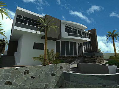 Modern Detached Villa Exterior With Large Glass Windows And Palm Trees 3d model