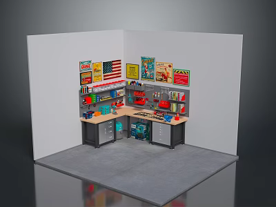 Retail Display Corner With L-shaped Counter Wall Posters And Shelf Items 3d model