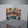Retail Display Corner With L-shaped Counter Wall Posters And Shelf Items
