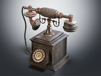 Vintage Antique Telephone With Rotary Dial Wooden Base And Metal Classic Design 3d model