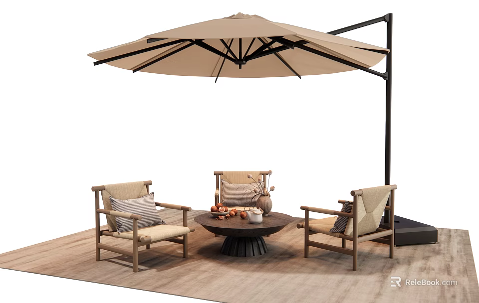 Outdoor Table Set With Wooden Chairs Beige Umbrella And Decorative Fruit Bowl On Rug 3d model 