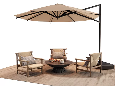 Outdoor Table Set With Wooden Chairs Beige Umbrella And Decorative Fruit Bowl On Rug 3d model