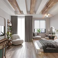 Modern Bedroom Interior With Wooden Ceiling Beams Gray Curtains Large Windows And Green Plants