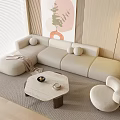 Modern Minimalist Living Room Interior With Beige Sofa Wooden Coffee Table Set and Accent Chair