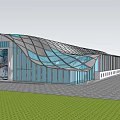 Modern Architectural Building With Wavy Grid Roof And Glass Facade Entrance