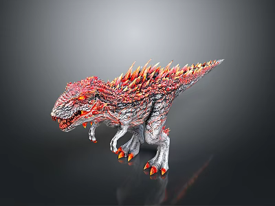 Detailed Red Gray Dinosaur Model With Spiked Back And Glowing Eyes 3d model